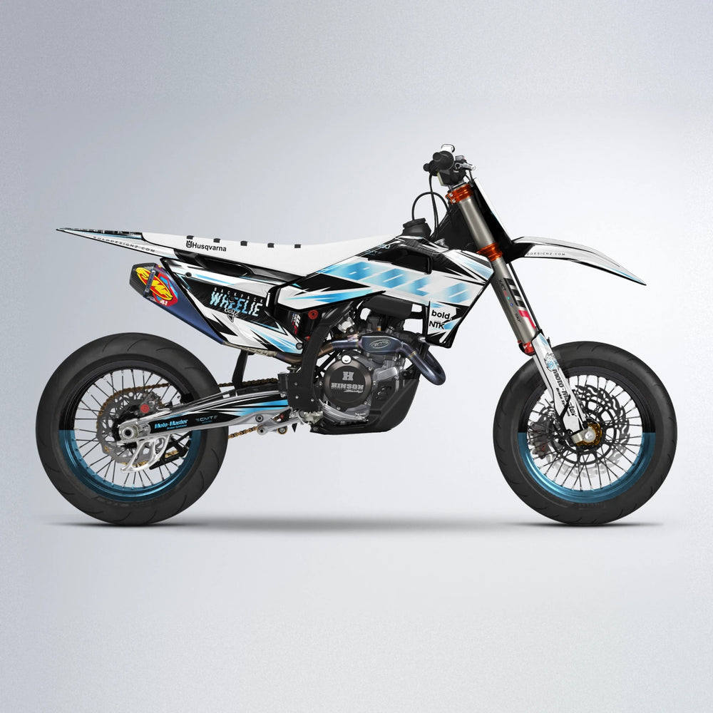 NTK V4 Husqvarna FE/TE supermoto graphics kit in Light Blue & White