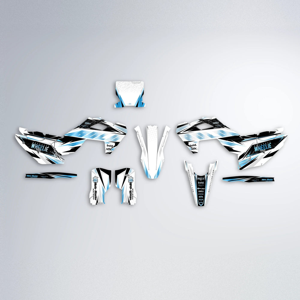 NTK V4 Husqvarna FE/TE graphics kit parts layout in Light Blue & White