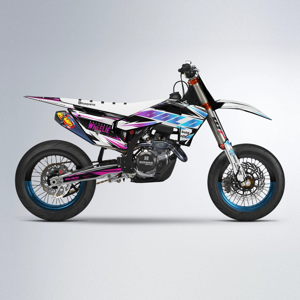NTK V4 Husqvarna FE/TE supermoto graphics kit in Pink & Light Blue