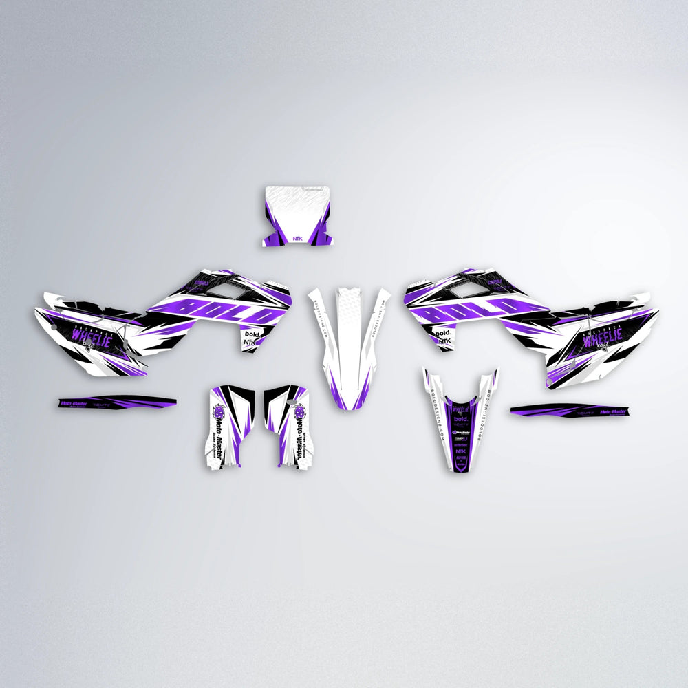 NTK V4 Husqvarna FE/TE graphics kit parts layout in Purple