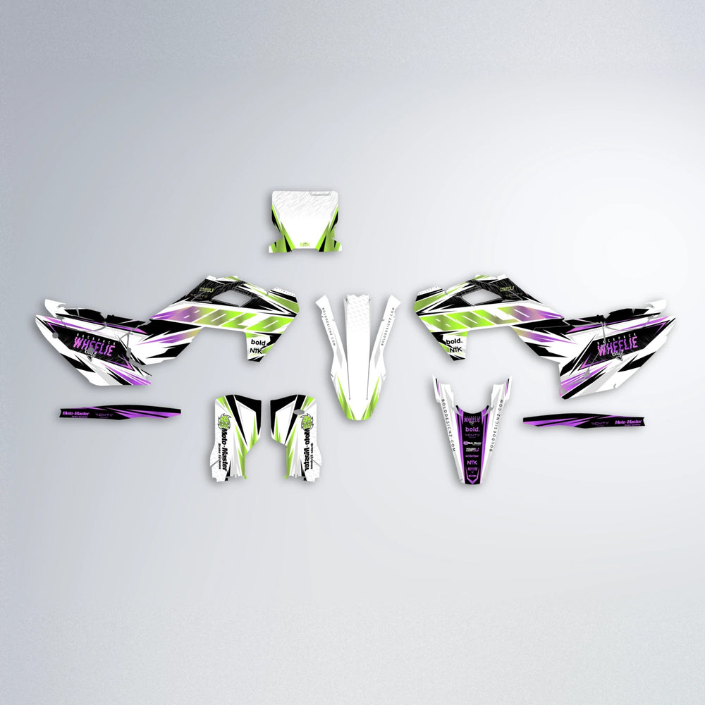 NTK V4 Husqvarna FE/TE graphics kit parts layout in Purple & Yellow