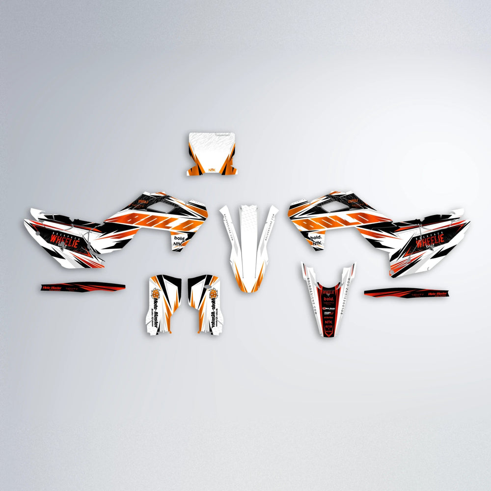 NTK V4 Husqvarna FE/TE graphics kit parts layout in Red & Orange