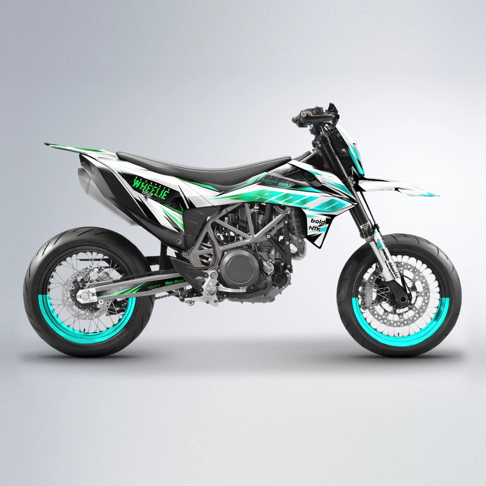NTK V4 KTM SMC 690 supermoto graphics kit in Cyan & Green