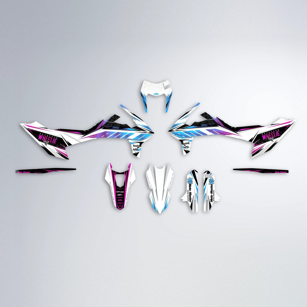 NTK V4 KTM SMC 690 graphics kit parts layout in Pink & Light Blue