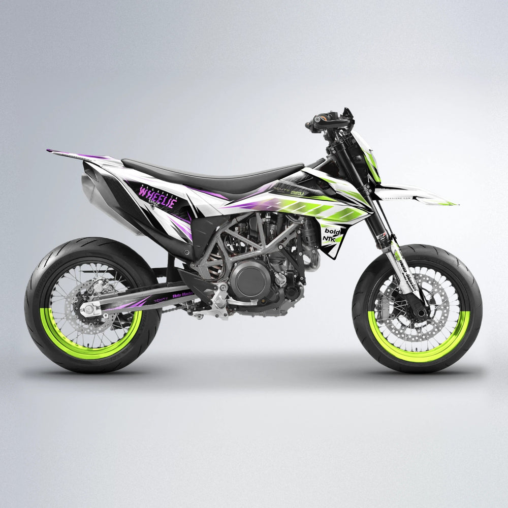 NTK V4 KTM SMC 690 supermoto graphics kit in Purple & Yellow