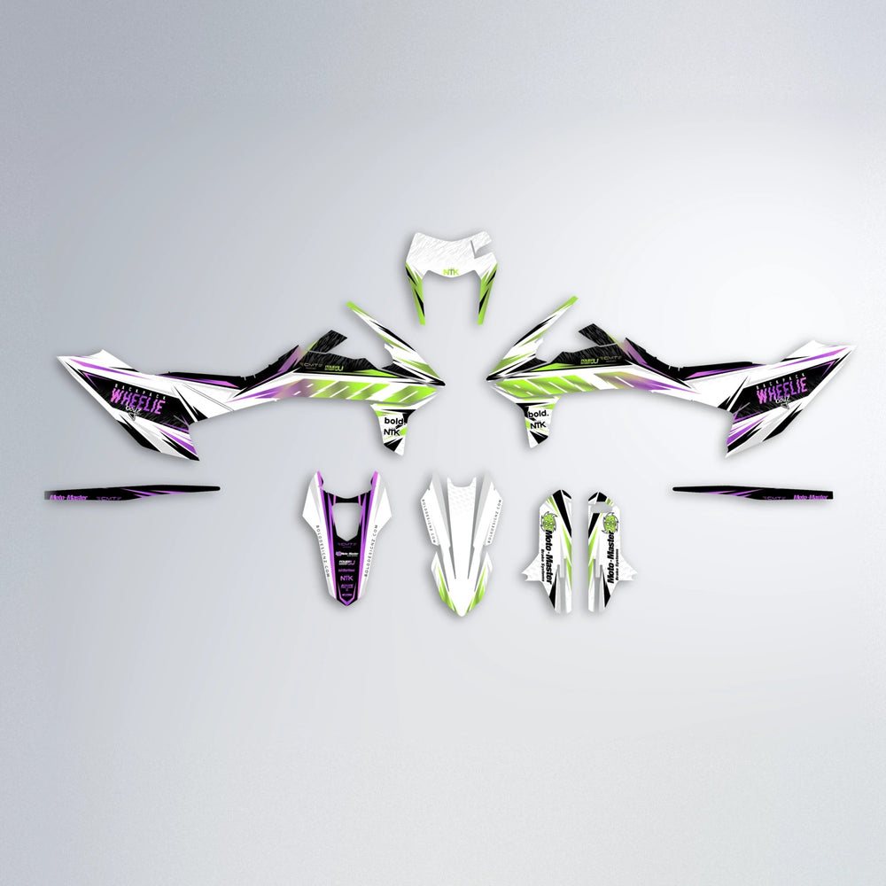 NTK V4 KTM SMC 690 graphics kit parts layout in Purple & Yellow