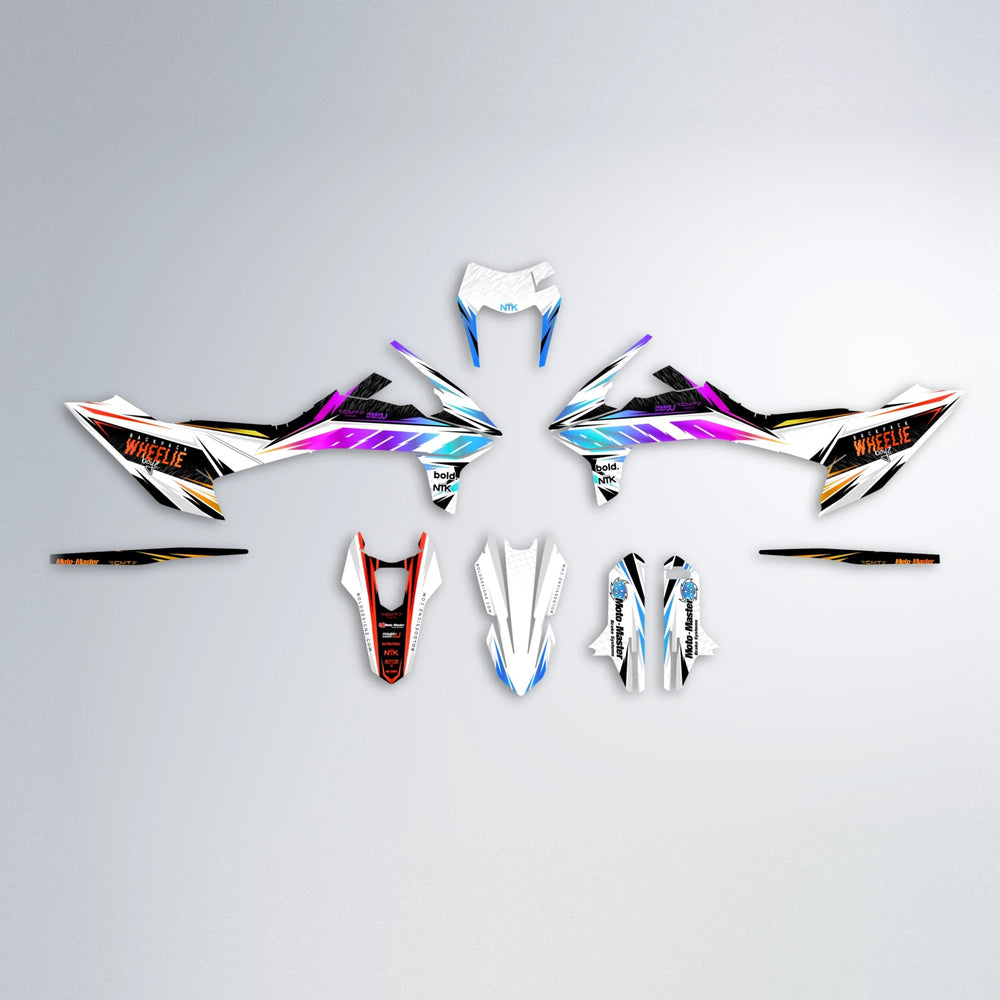 NTK V4 KTM SMC 690 graphics kit parts layout in Sunset Fade