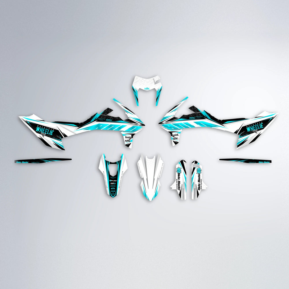 NTK V4 KTM SMC 690 graphics kit parts layout in Teal