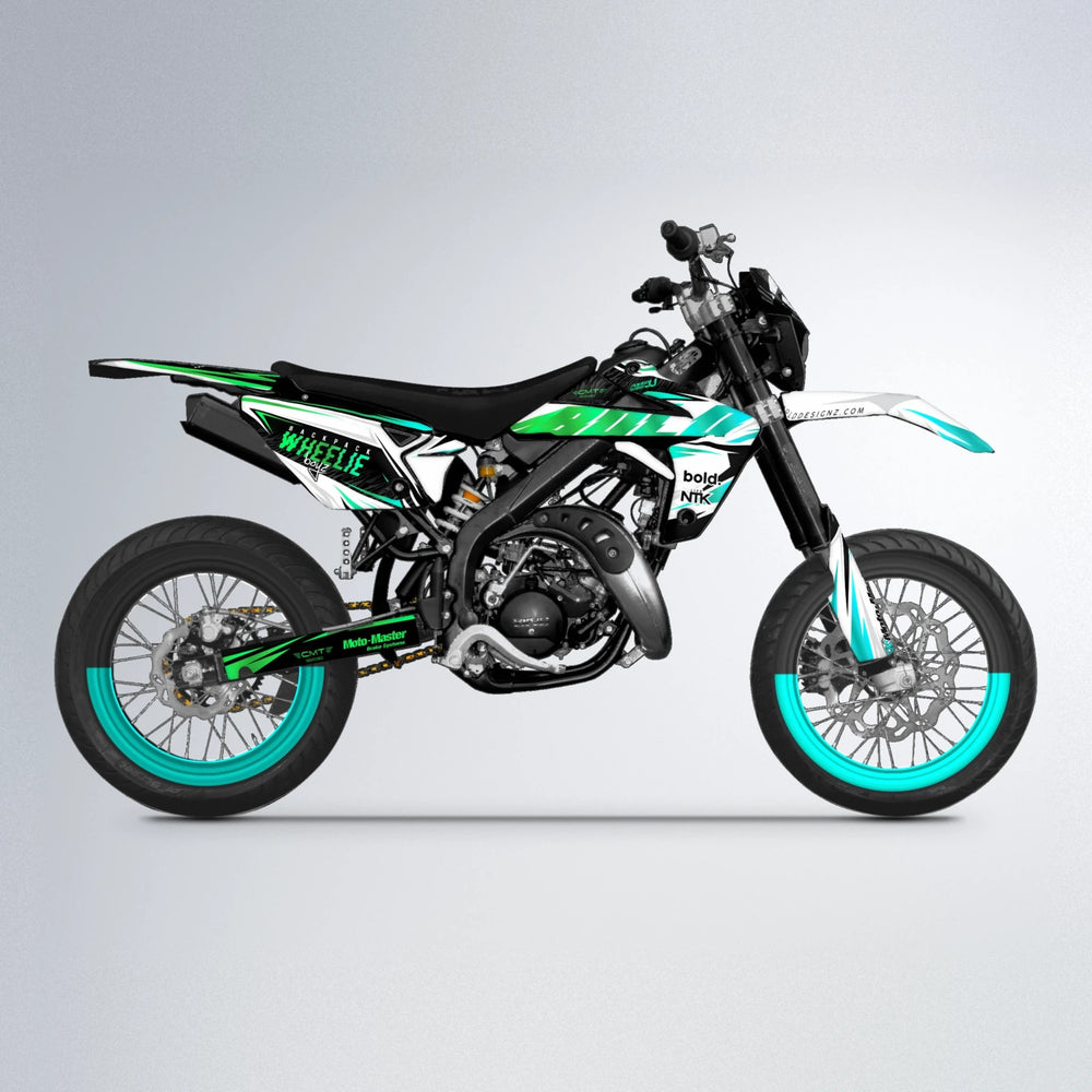 NTK V4 Rieju MRT supermoto graphics kit in Cyan & Green