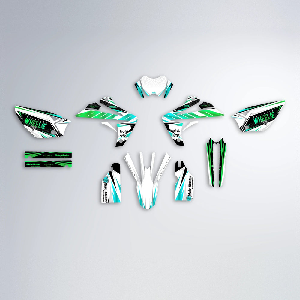 NTK V4 Rieju MRT graphics kit parts layout in Cyan & Green