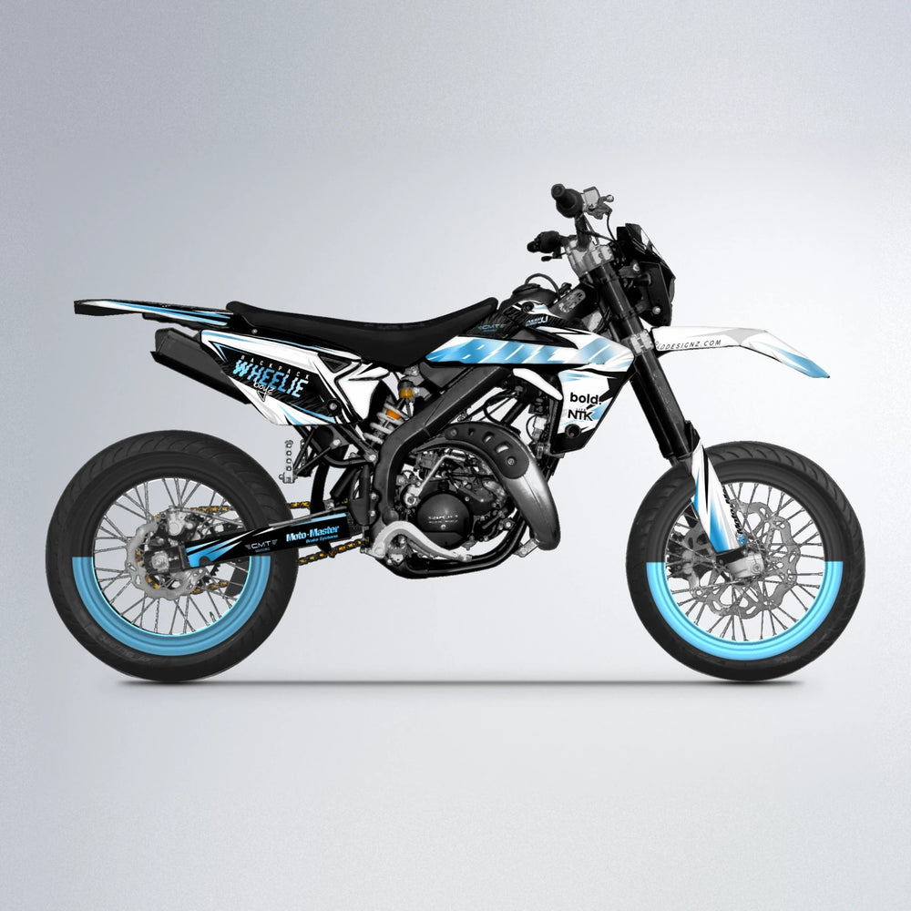 NTK V4 Rieju MRT supermoto graphics kit in Light Blue & White