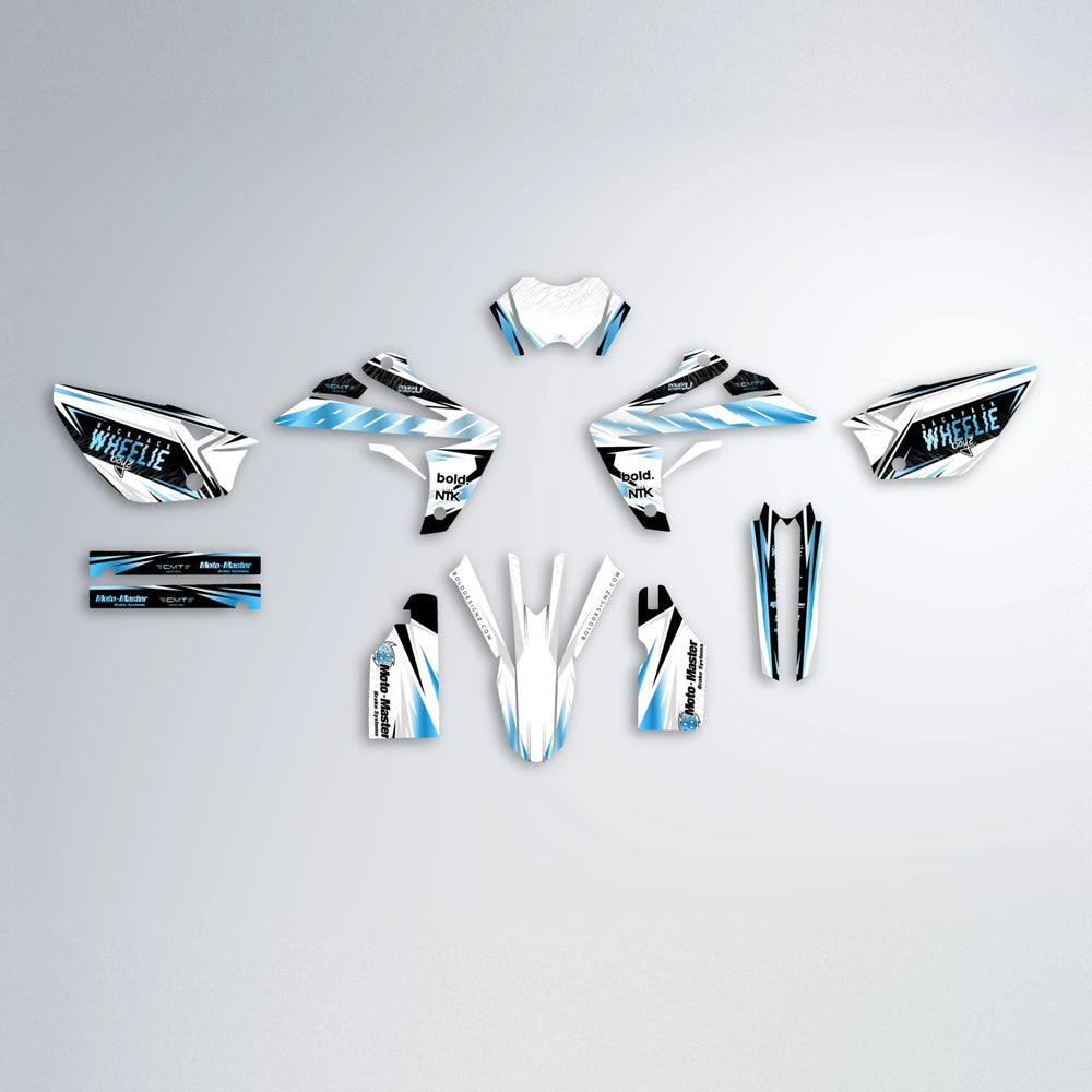 NTK V4 Rieju MRT graphics kit parts layout in Light Blue & White