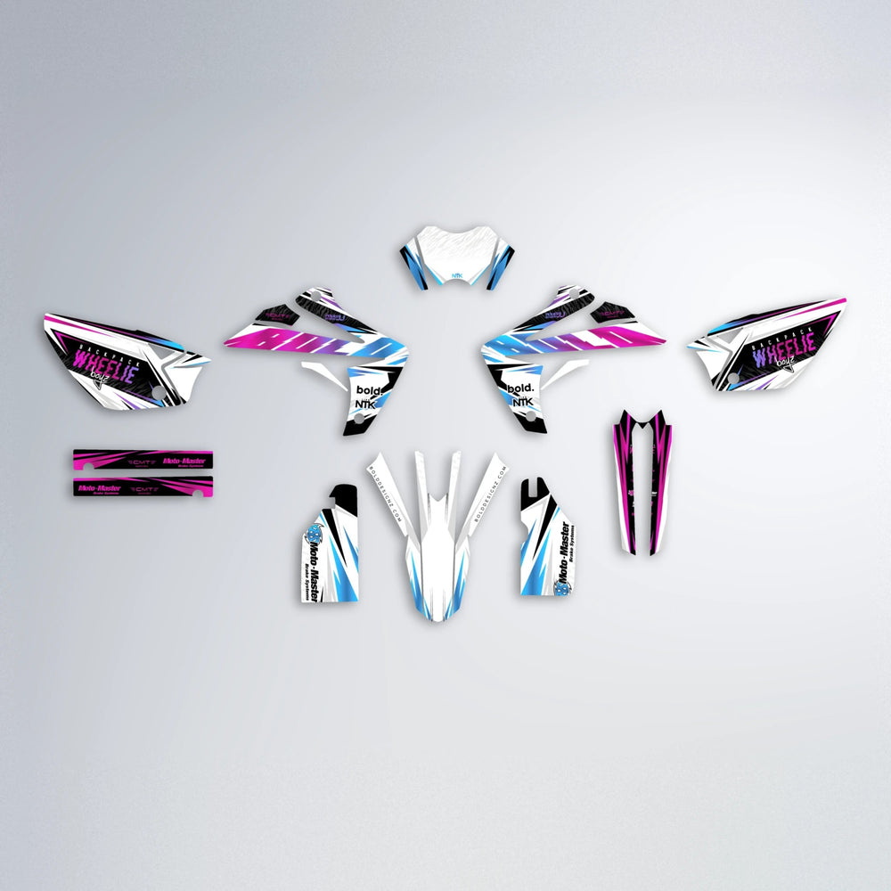 NTK V4 Rieju MRT graphics kit parts layout in Pink & Light Blue