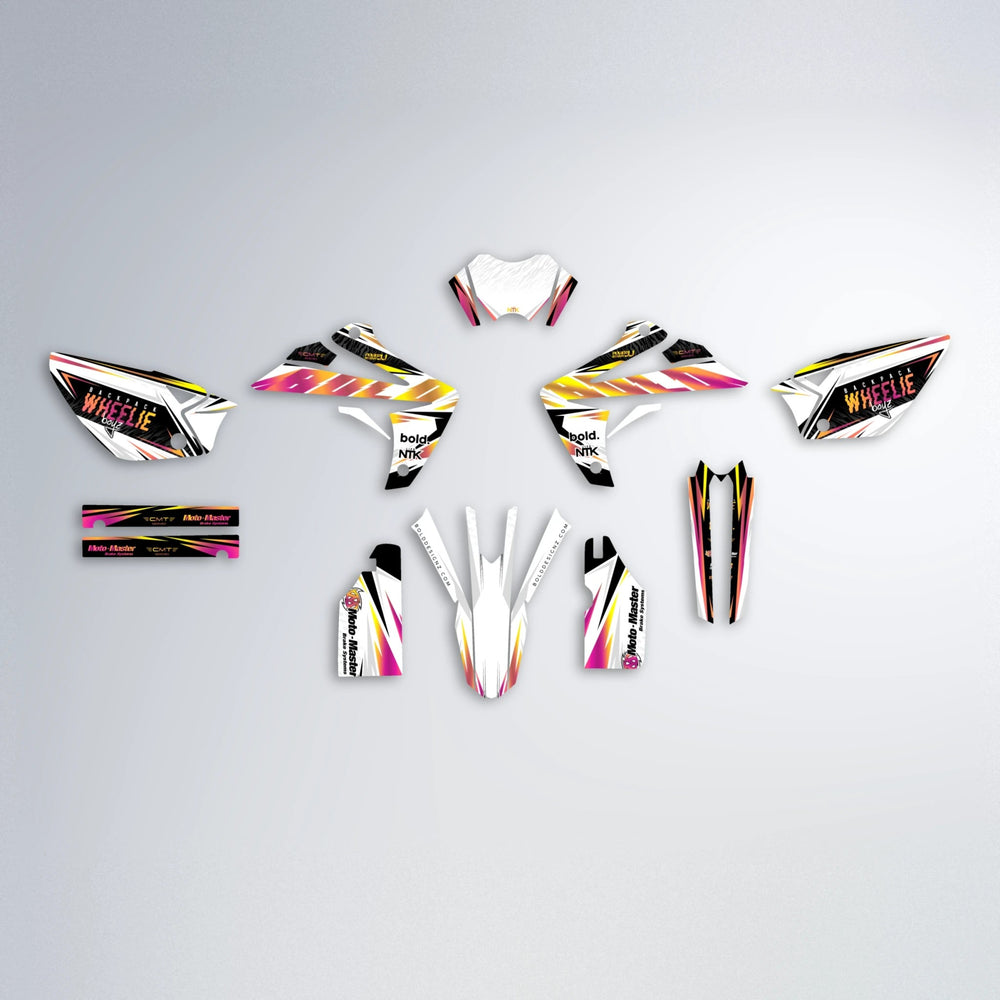 NTK V4 Rieju MRT graphics kit parts layout in Pink & Yellow
