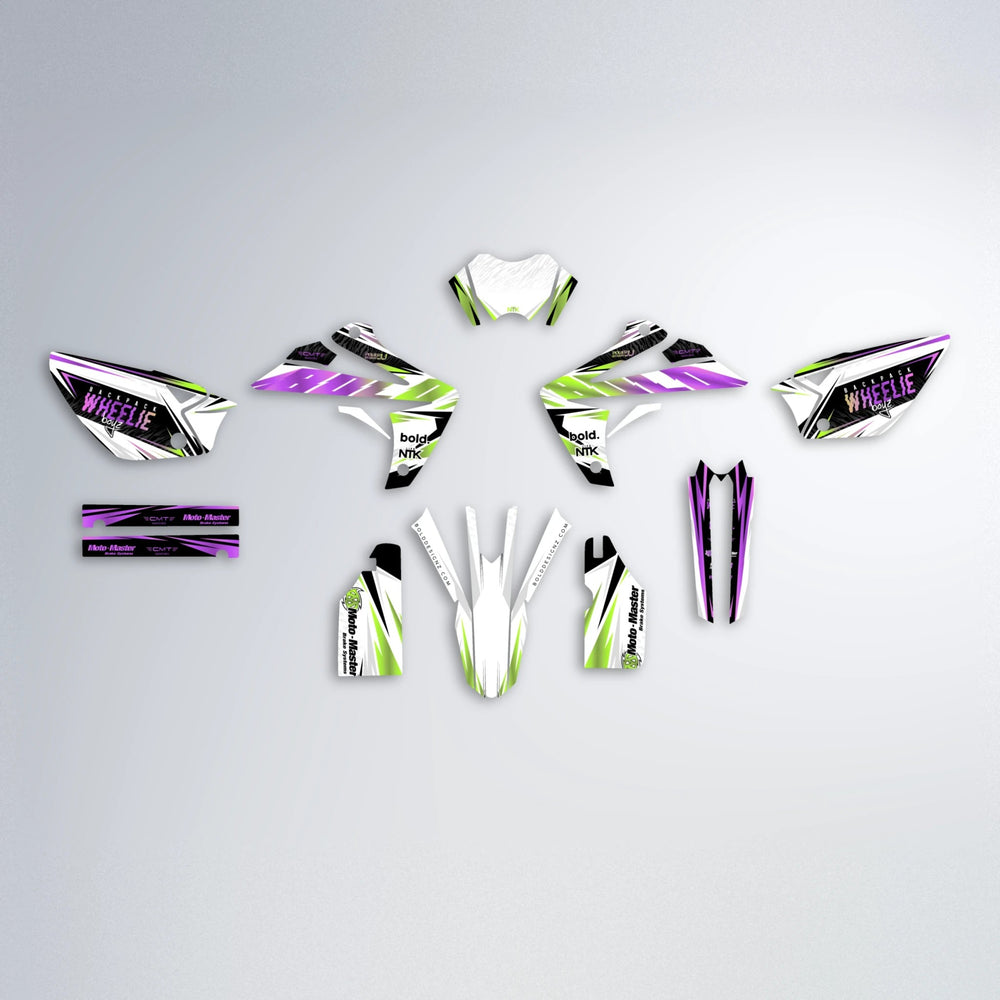 NTK V4 Rieju MRT graphics kit parts layout in Purple & Yellow