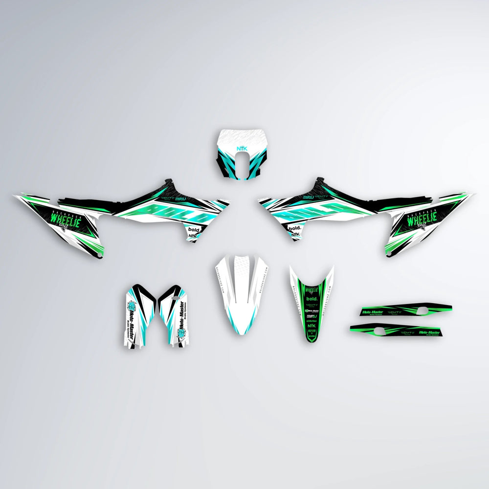 NTK V4 Stark Varg SM graphics kit parts layout in Cyan & Green