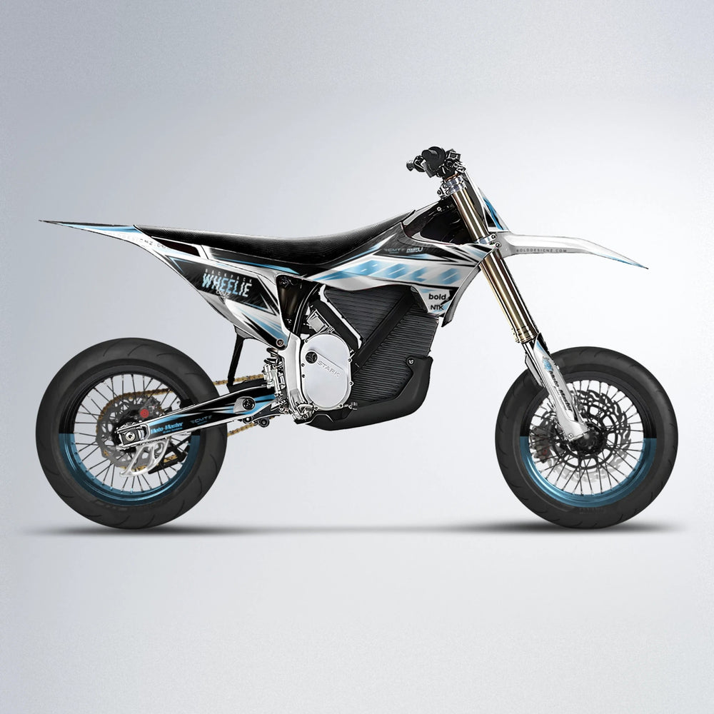 NTK V4 Stark Varg SM supermoto graphics kit in Light Blue & White