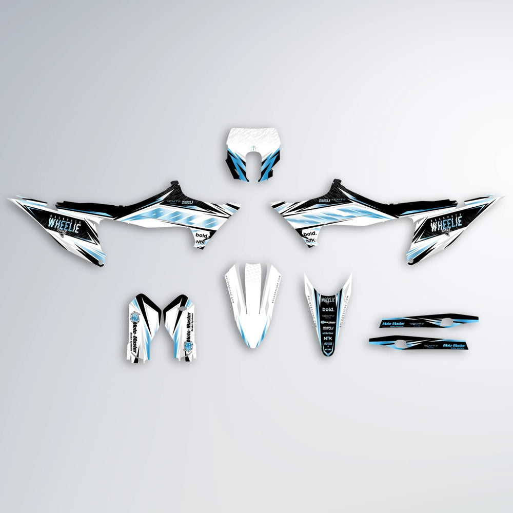 NTK V4 Stark Varg SM graphics kit parts layout in Light Blue & White