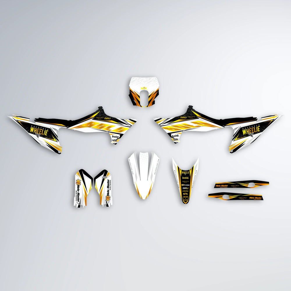 NTK V4 Stark Varg SM graphics kit parts layout in Orange & Yellow