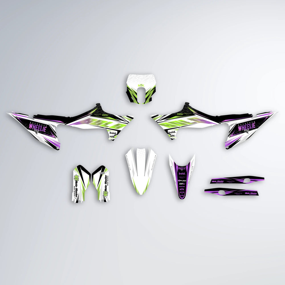NTK V4 Stark Varg SM graphics kit parts layout in Purple & Yellow