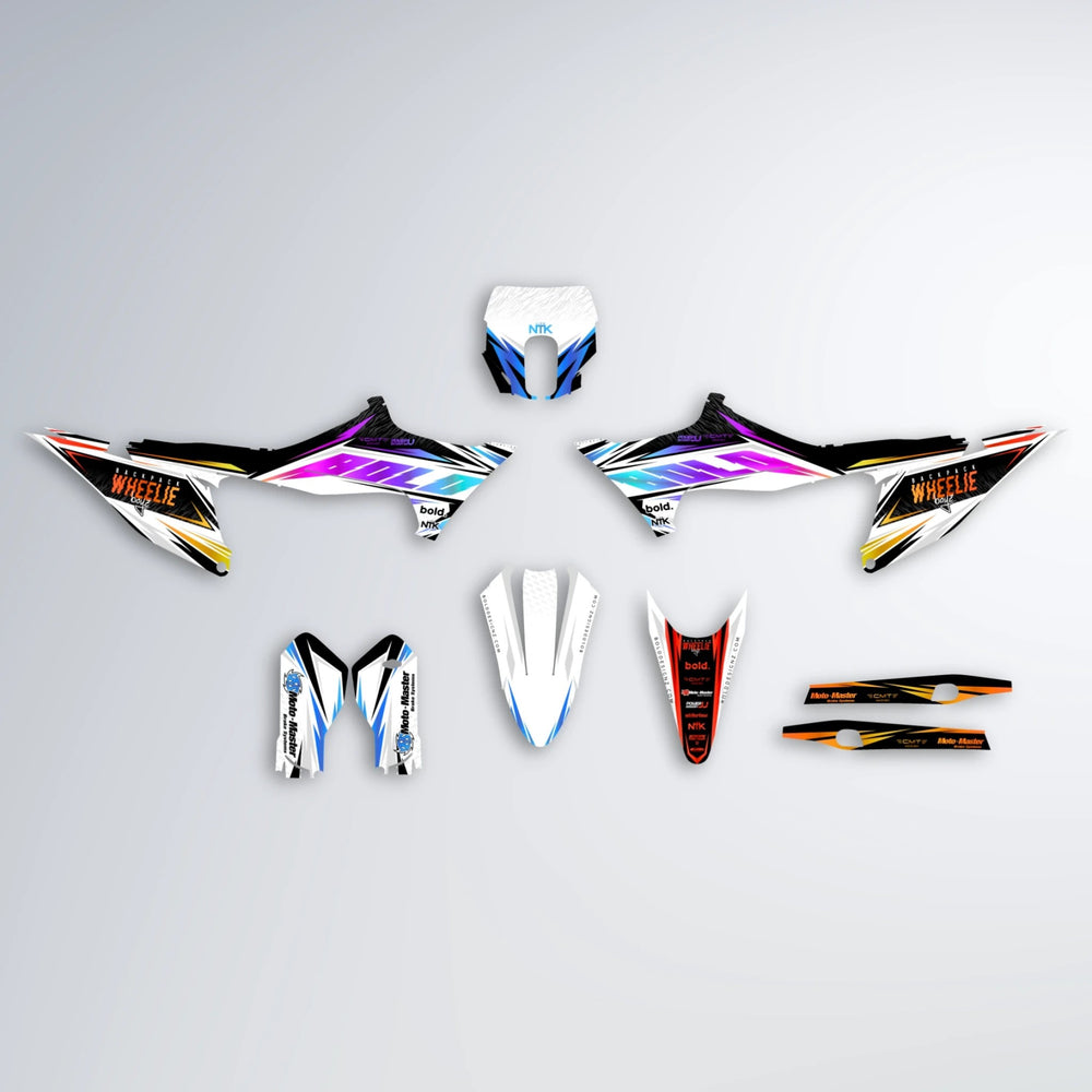NTK V4 Stark Varg SM graphics kit parts layout in Sunset Fade