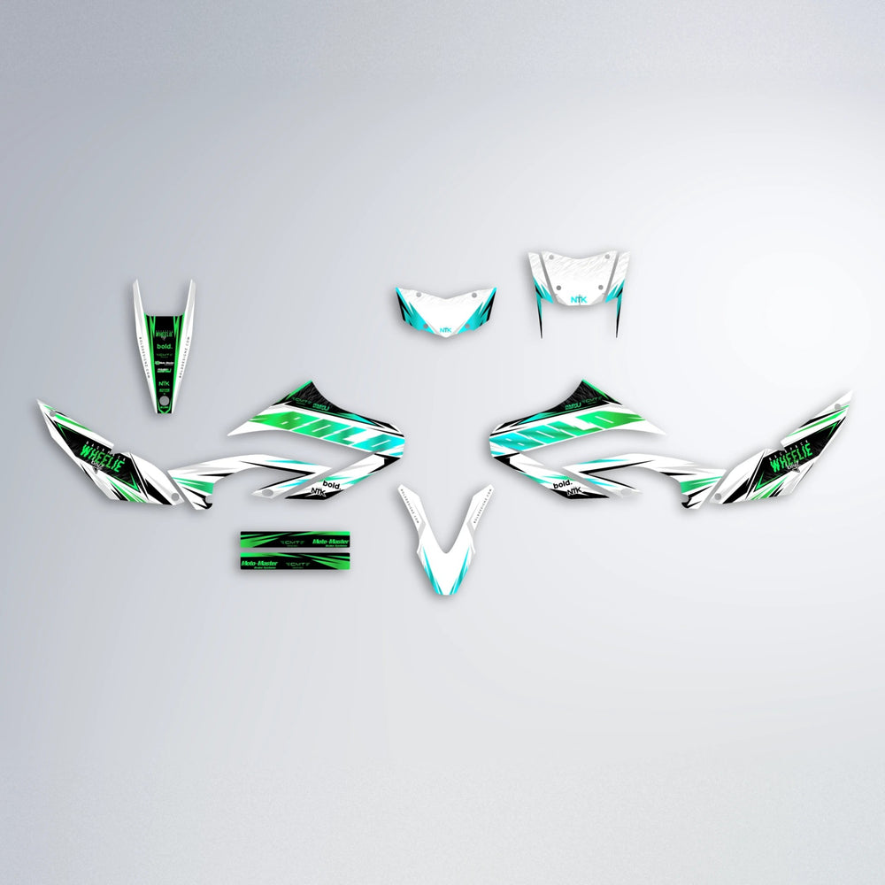 NTK V4 Yamaha WR 125X graphics kit parts layout in Cyan & Green