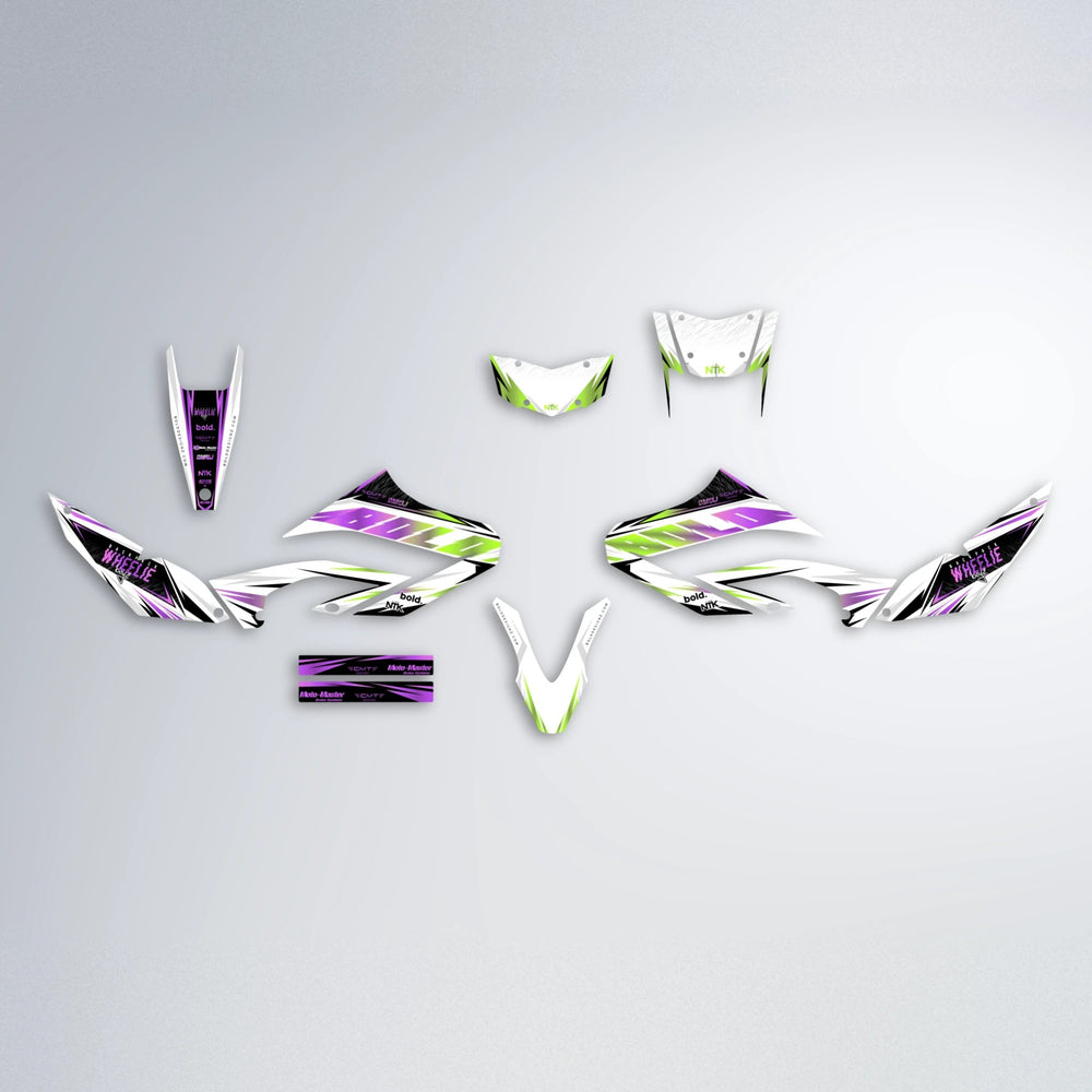 NTK V4 Yamaha WR 125X graphics kit parts layout in Purple & Yellow