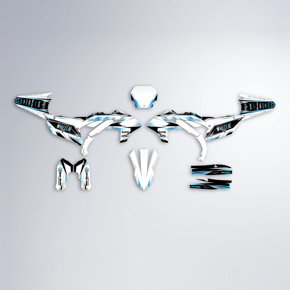 NTK V4 Yamaha YZF MX graphics kit parts layout in Light Blue & White