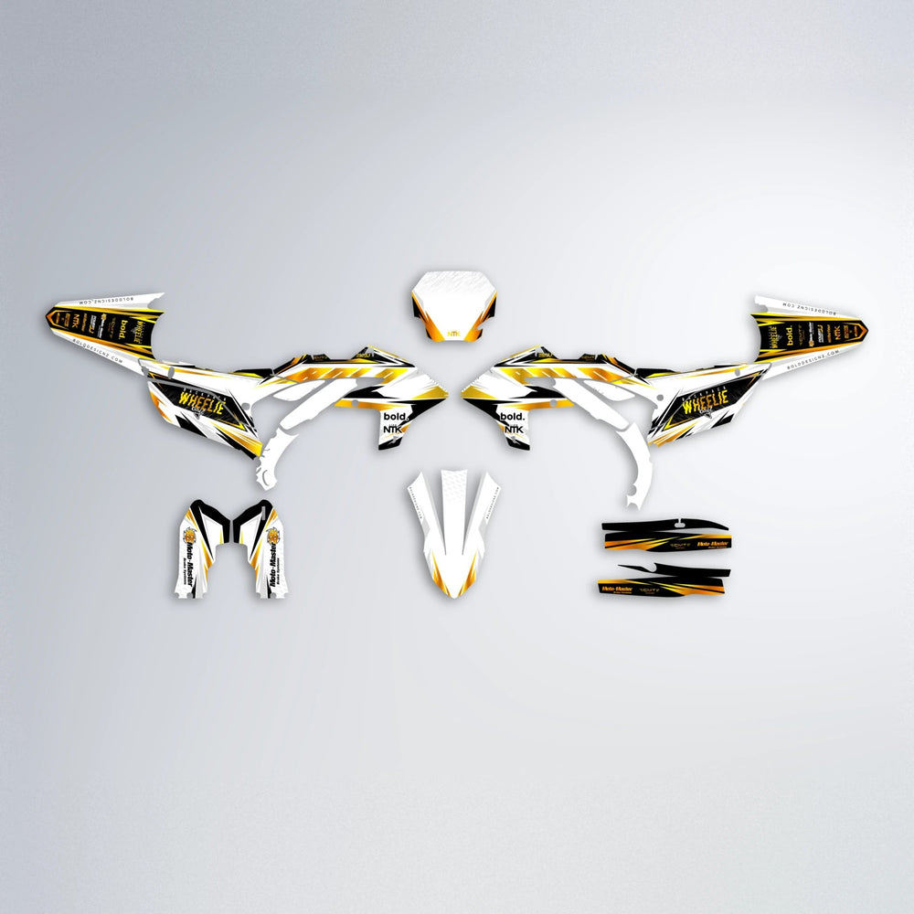NTK V4 Yamaha YZF MX graphics kit parts layout in Orange & Yellow