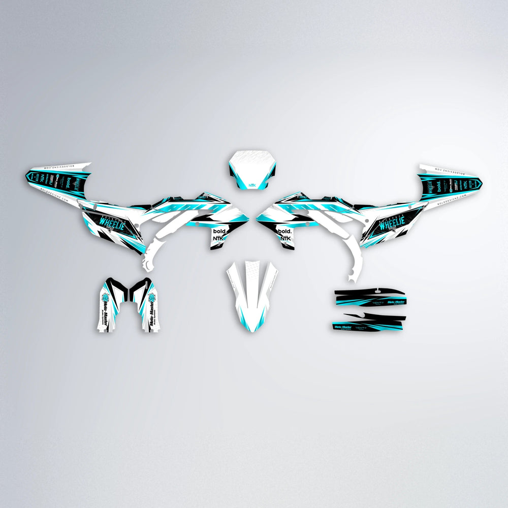 NTK V4 Yamaha YZF MX graphics kit parts layout in Teal