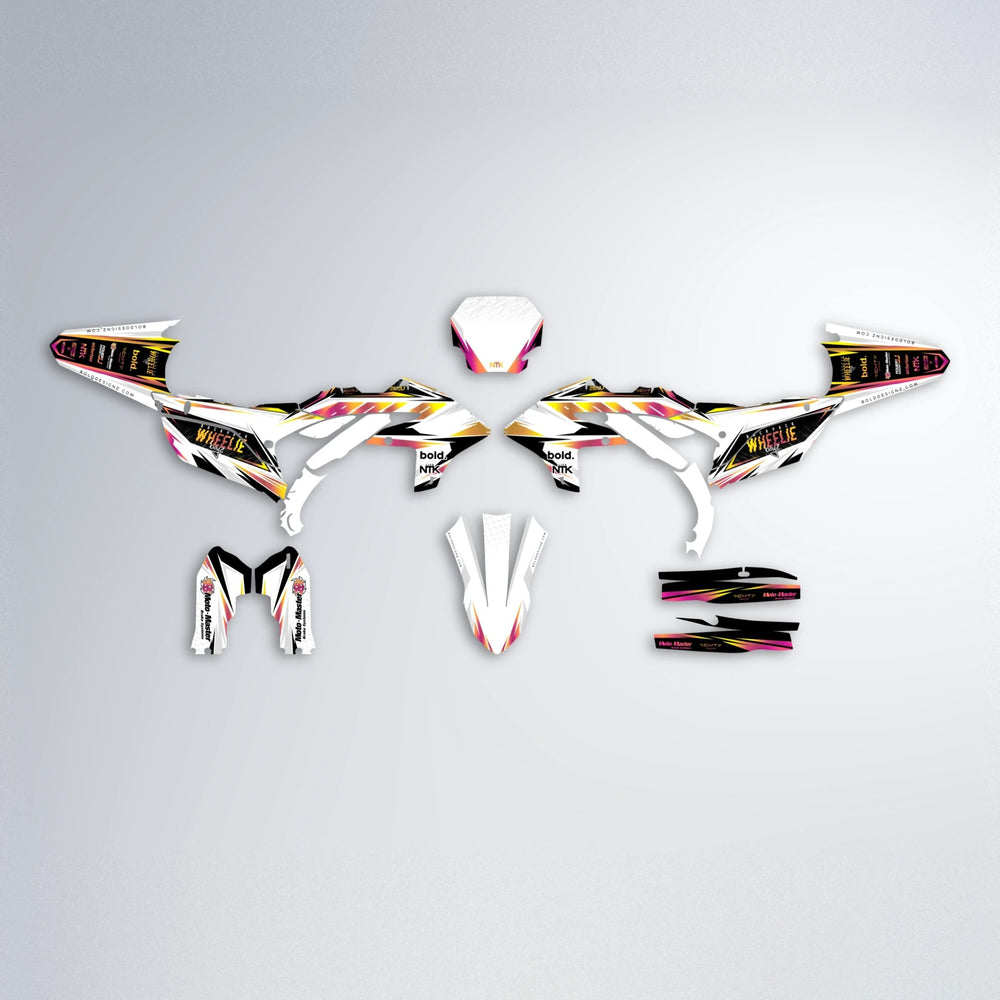 NTK V4 Yamaha YZF SM graphics kit parts layout in Pink & Yellow