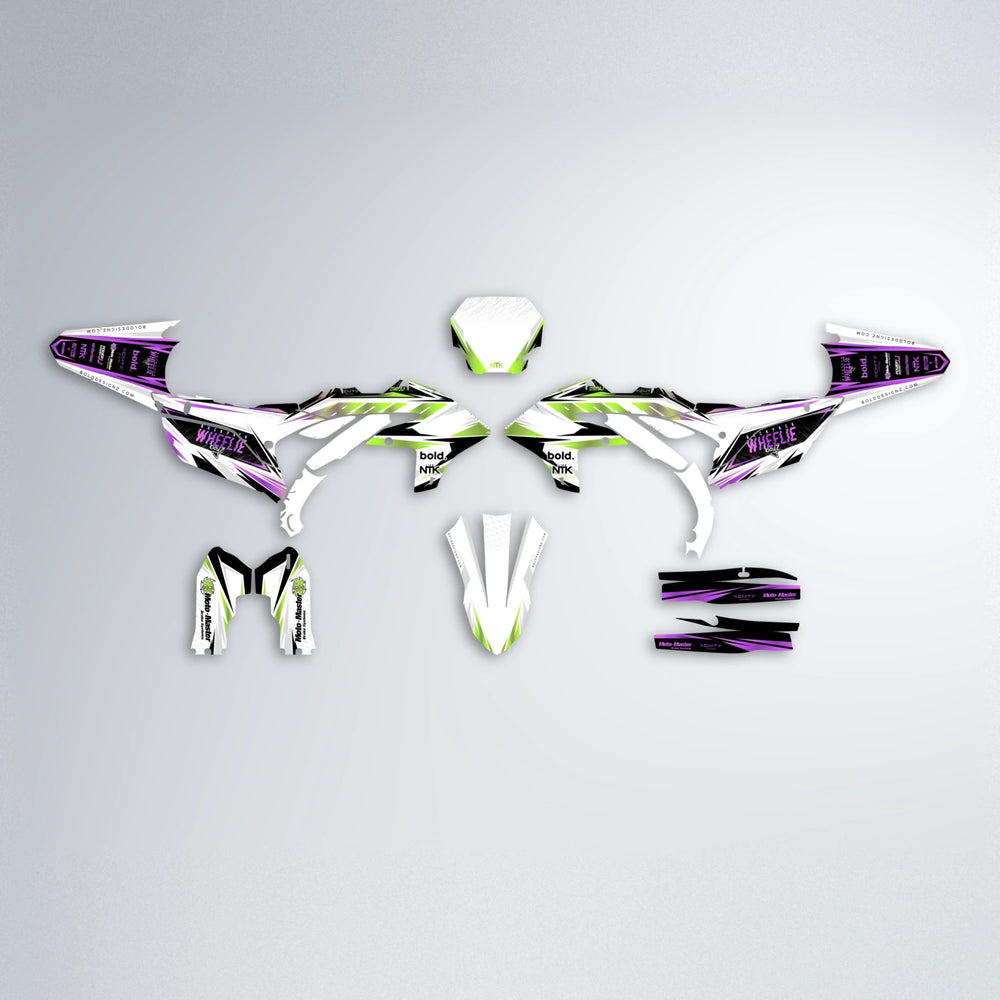 NTK V4 Yamaha YZF SM graphics kit parts layout in Purple & Yellow