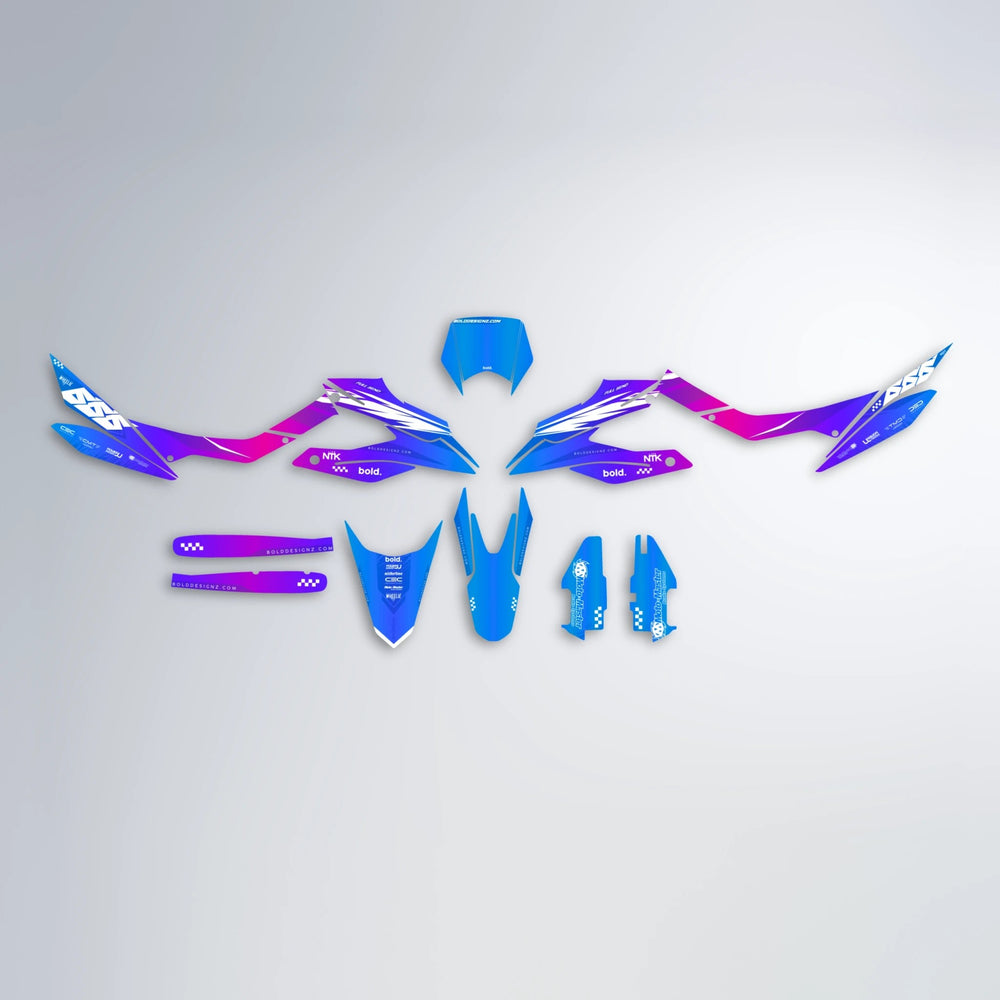 NTK V5 Aprilia SX 125 graphics kit parts layout in Blue Purple Fade