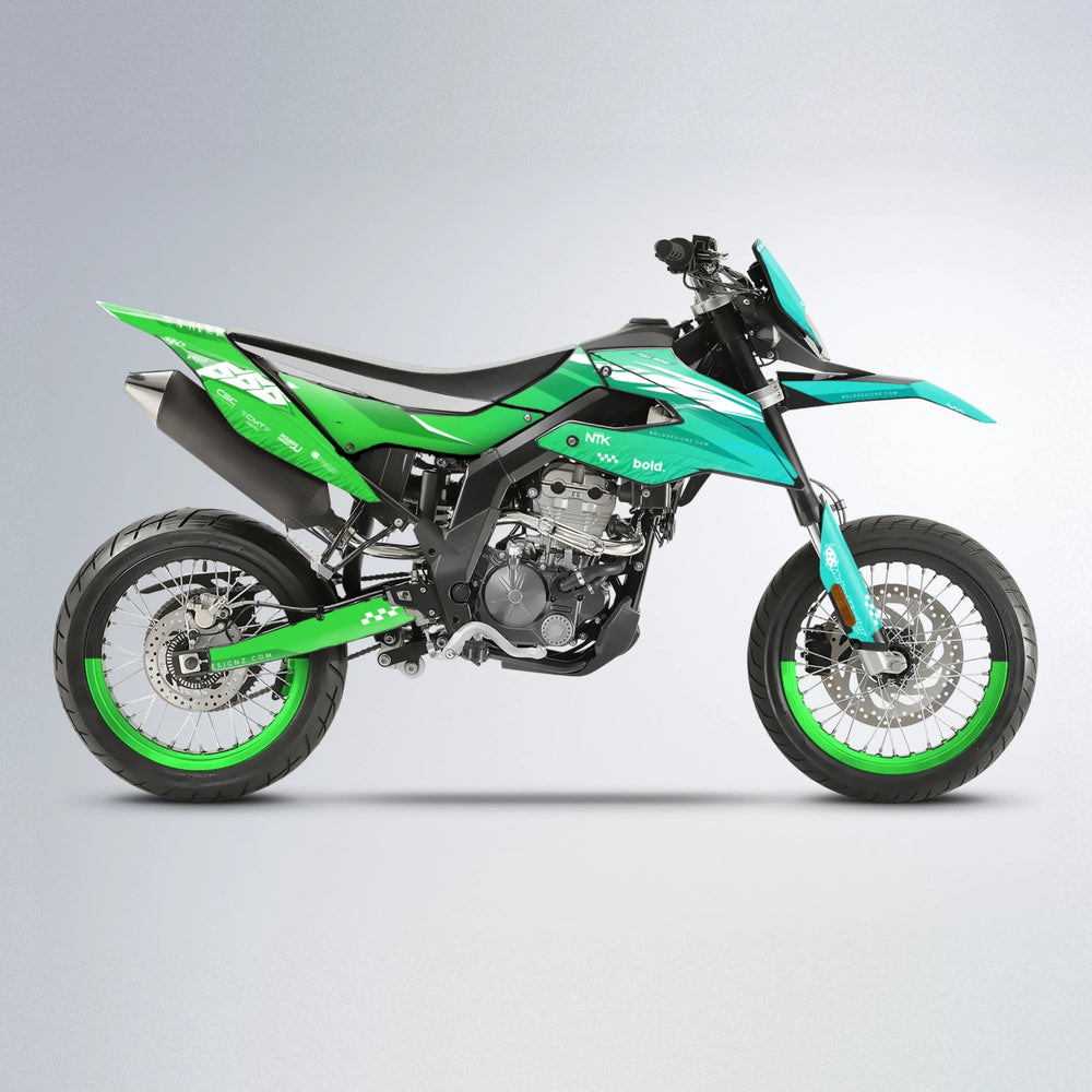 NTK V5 Aprilia SX 125 supermoto graphics kit in Cyan & Green