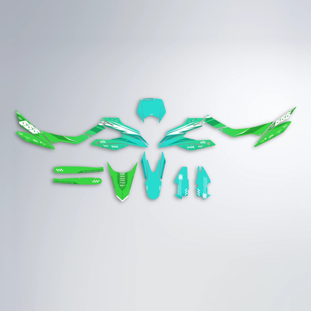 NTK V5 Aprilia SX 125 graphics kit parts layout in Cyan & Green