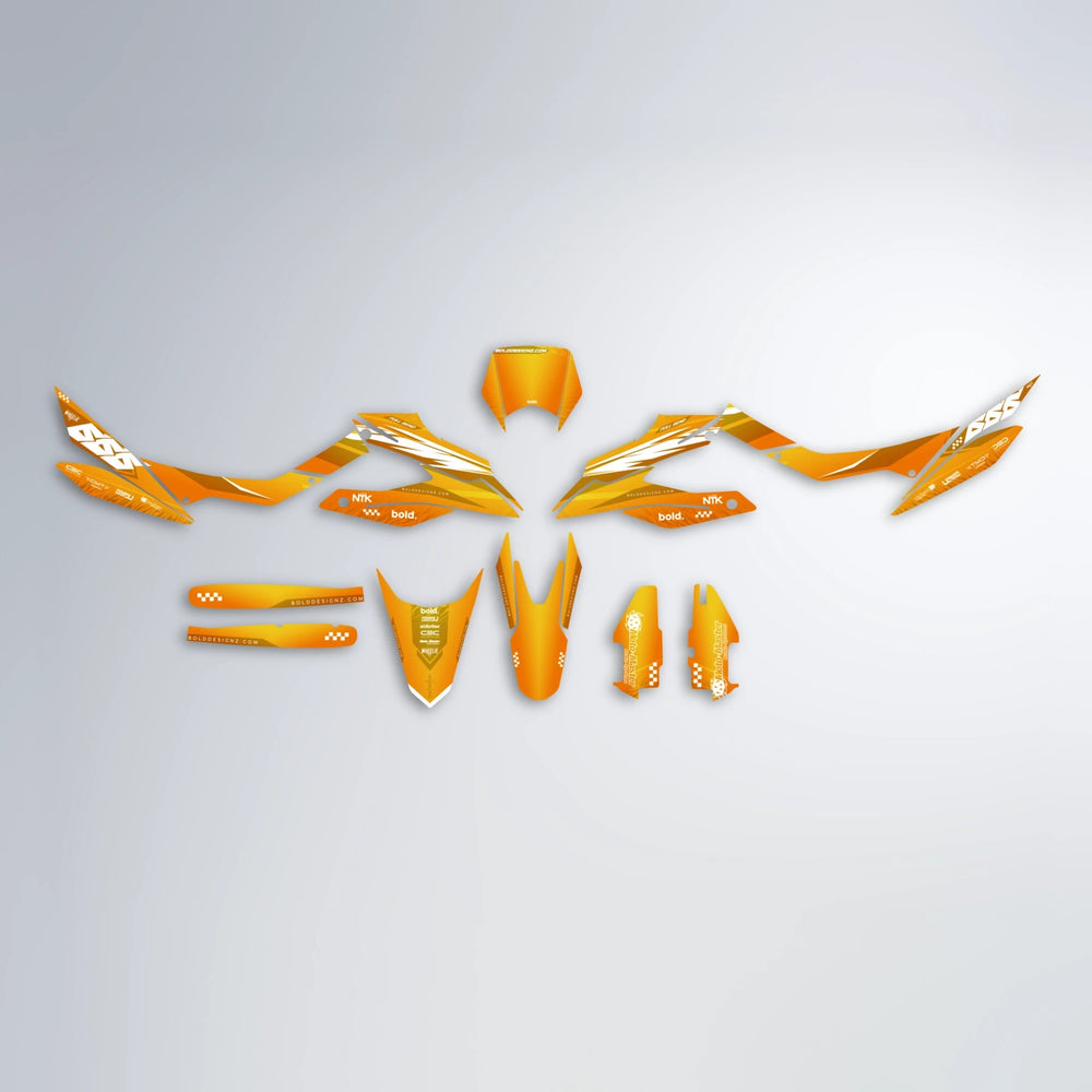 NTK V5 Aprilia SX 125 graphics kit parts layout in Orange & Yellow