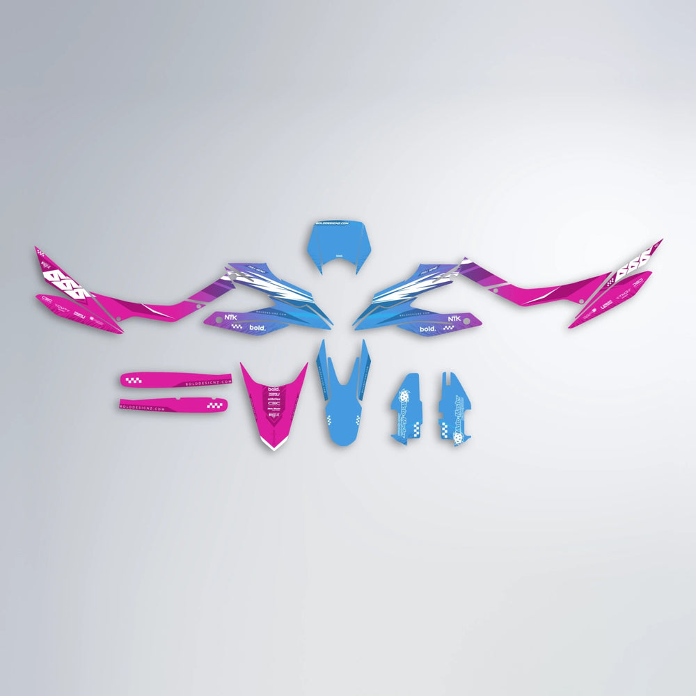 NTK V5 Aprilia SX 125 graphics kit parts layout in Pink & Light Blue