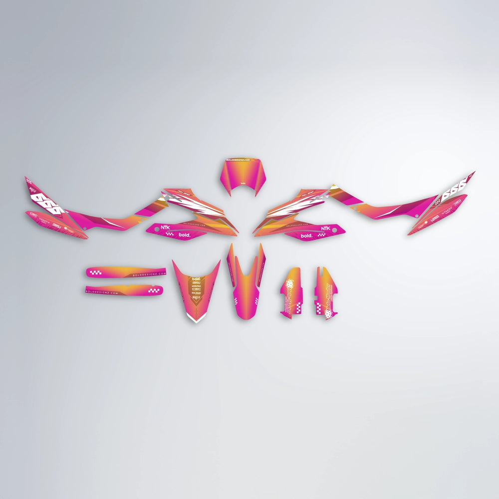 NTK V5 Aprilia SX 125 graphics kit parts layout in Pink & Yellow
