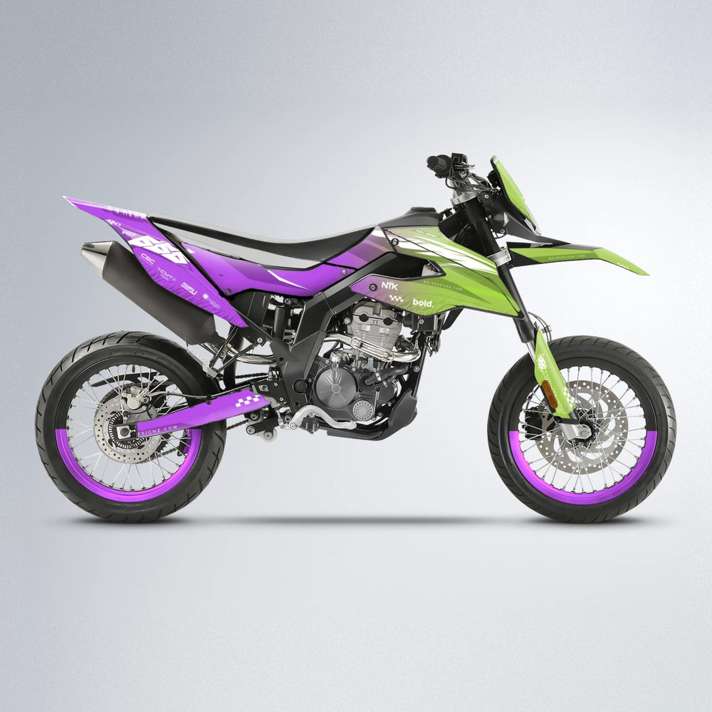 NTK V5 Aprilia SX 125 supermoto graphics kit in Purple & Yellow