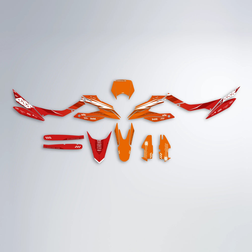 NTK V5 Aprilia SX 125 graphics kit parts layout in Red & Orange