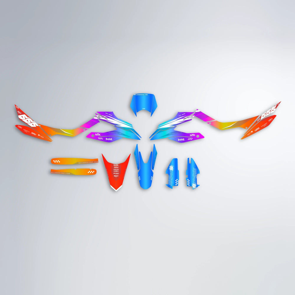 NTK V5 Aprilia SX 125 graphics kit parts layout in Sunset Fade