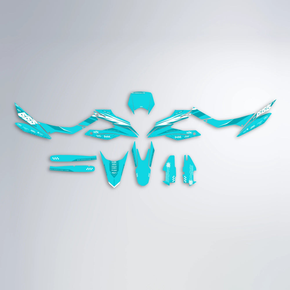 NTK V5 Aprilia SX 125 graphics kit parts layout in Teal