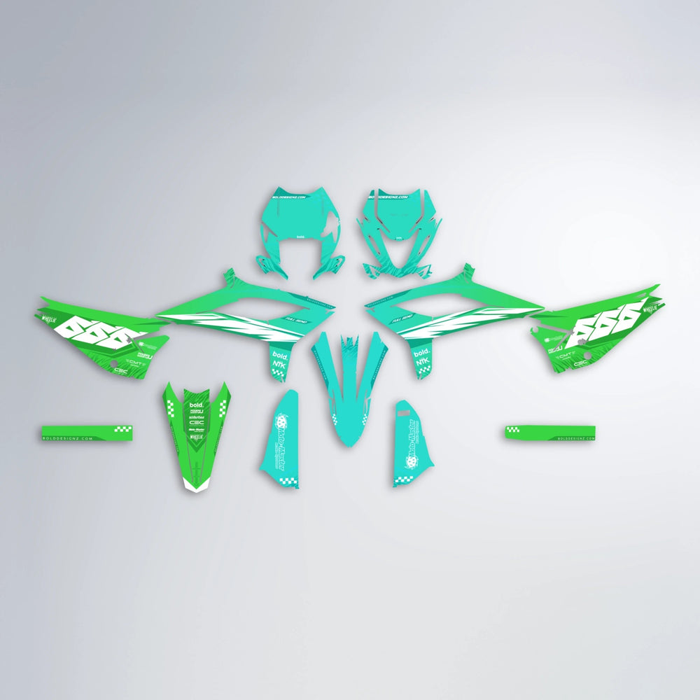 NTK V5 Beta graphics kit parts layout in Cyan & Green