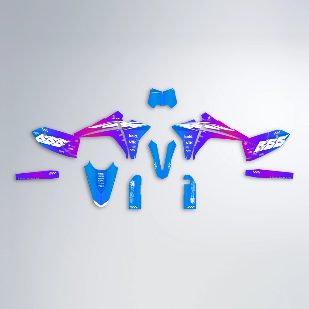 NTK V5 Fantic graphics kit parts layout in Blue Purple Fade