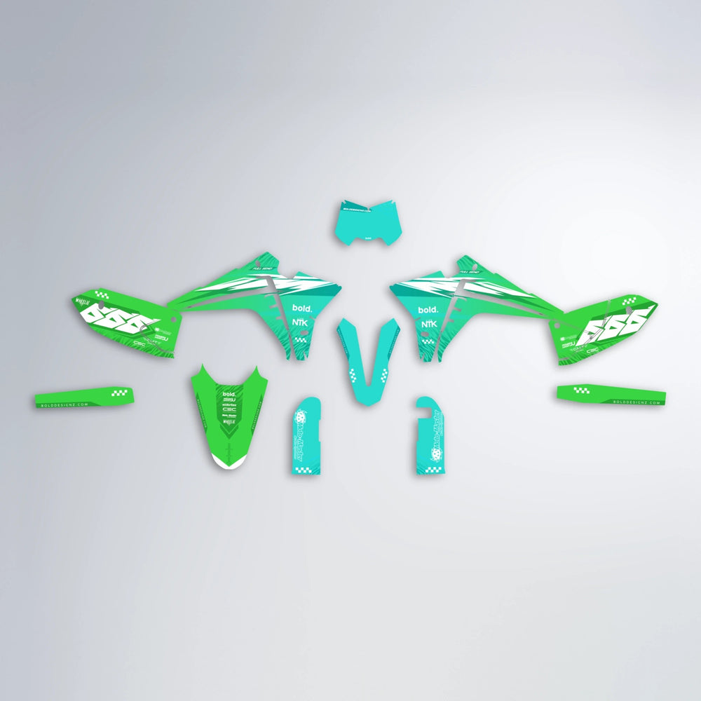NTK V5 Fantic graphics kit parts layout in Cyan & Green