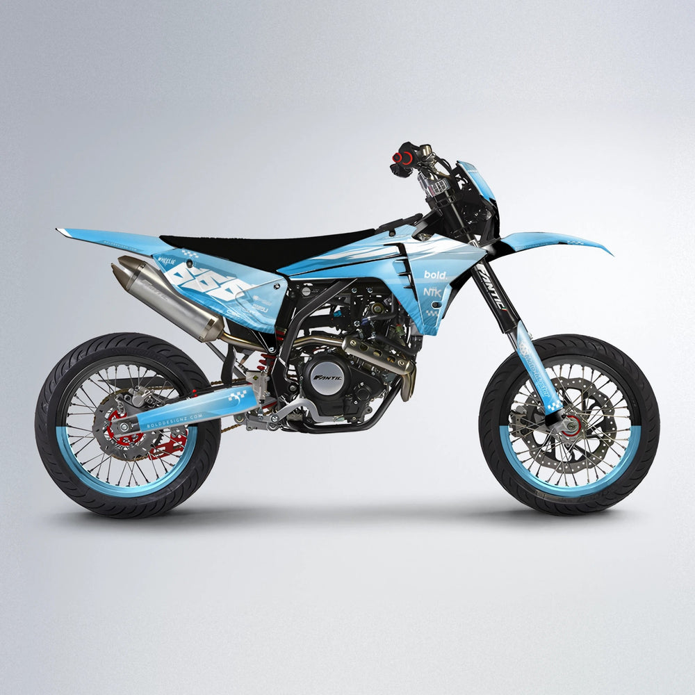 NTK V5 Fantic supermoto graphics kit in Light Blue & White