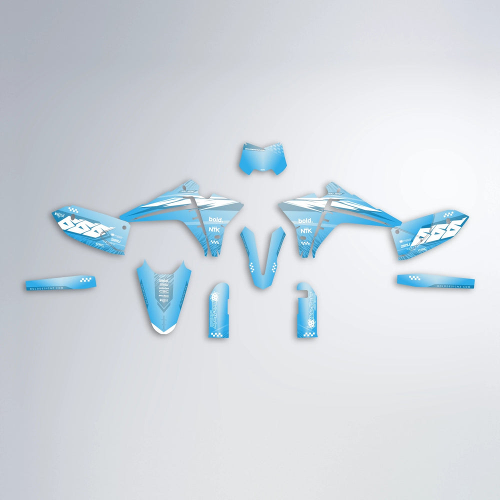 NTK V5 Fantic graphics kit parts layout in Light Blue & White