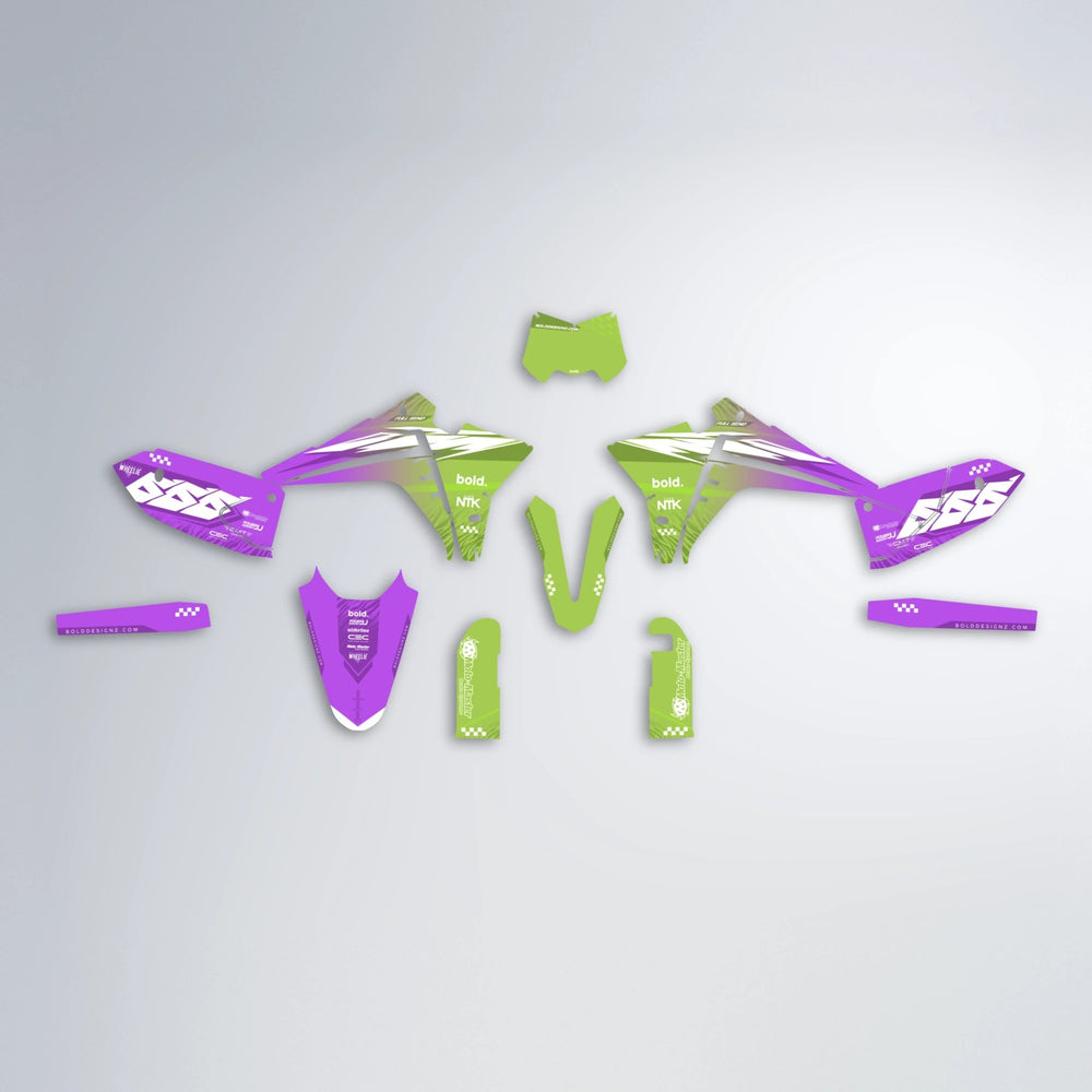 NTK V5 Fantic graphics kit parts layout in Purple & Yellow