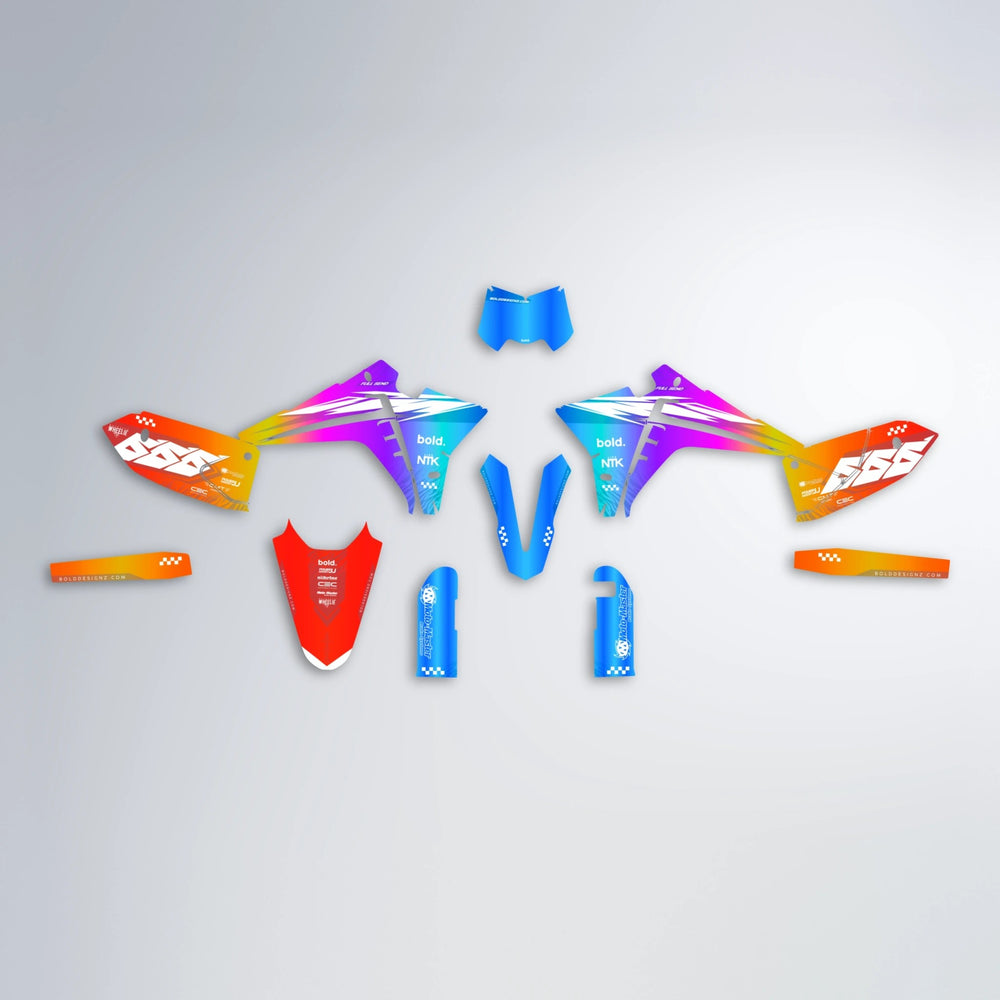 NTK V5 Fantic graphics kit parts layout in Sunset Fade