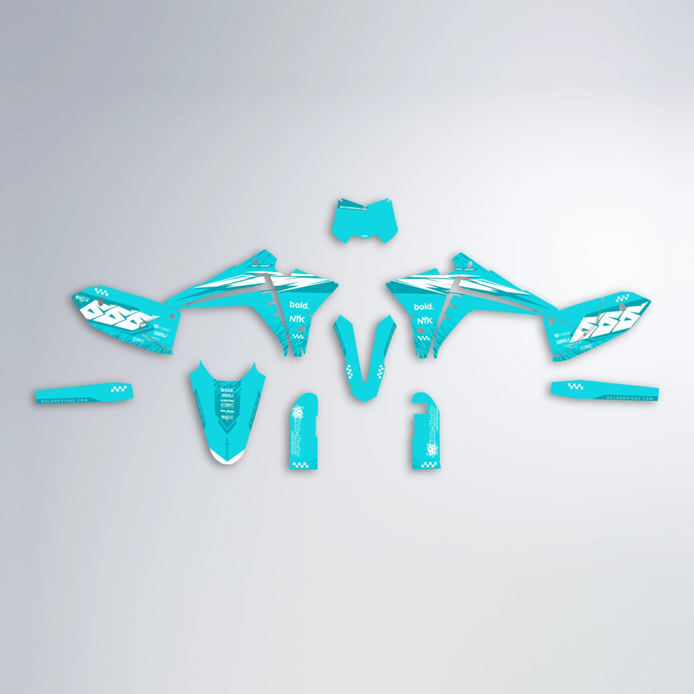 NTK V5 Fantic graphics kit parts layout in Teal